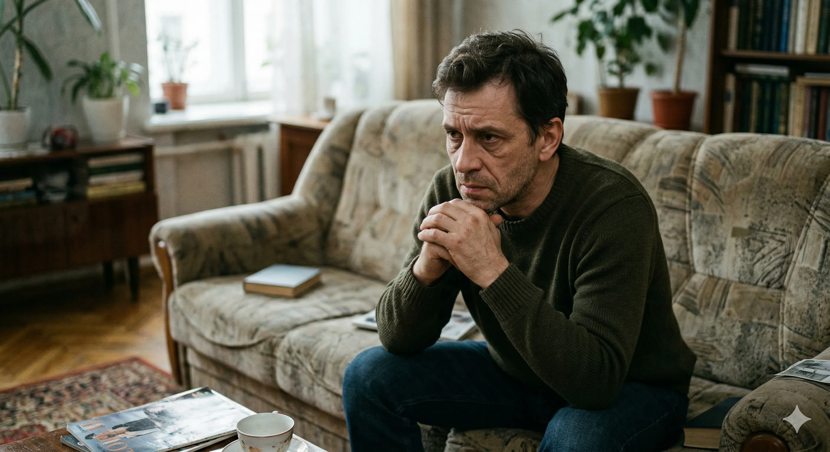 Мужчина с беспокойным выражением лица сидит на диване